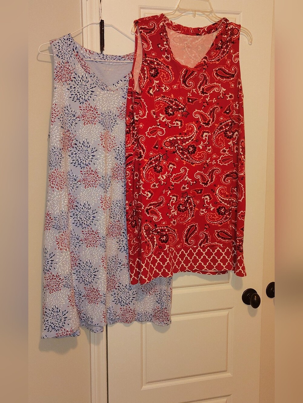 KIM ROGERS - 2 Sleeveless SUMMER DRESSES- Red Paisley & Light Blue Floral
